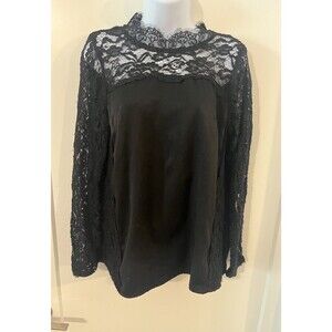 Listicle Black Boho Romantic Goth Lace Eyelash Neck Long Sleeve Top Blouse Large